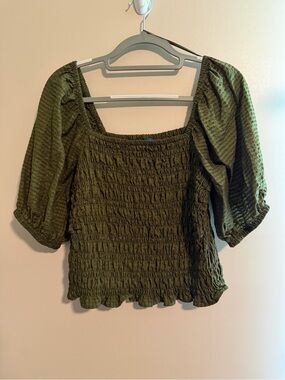 Old Navy Olive Green Smocked Puff-Sleeve Crop Top